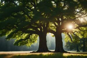 two large trees in the middle of a field. AI-Generated photo