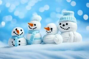 a group of snowmen in knitted hats. AI-Generated photo