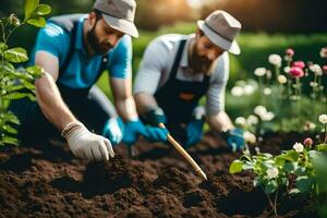two men in hats and overalls working in the garden. AI-Generated photo