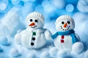 two snowmen are sitting on a blue background. AI-Generated photo