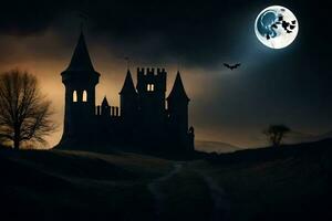 a castle with bats flying over it at night. AI-Generated photo