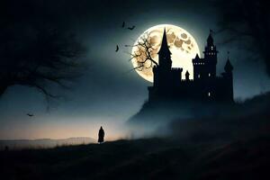 a castle in the dark with a full moon. AI-Generated photo