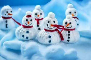 muñecos de nieve son hecho desde de punto sombreros y bufandas. generado por ai foto