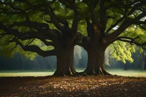 two large trees in the middle of a field. AI-Generated photo