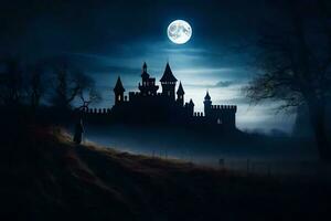 a castle in the dark with a full moon. AI-Generated photo