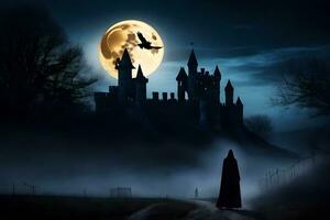 a person in a cloak walks in front of a castle at night. AI-Generated photo