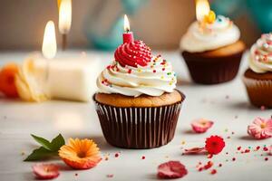 birthday cupcakes with candles. AI-Generated photo