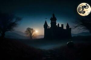 halloween castle with moon and spooky trees. AI-Generated photo