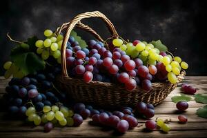 grapes in a basket on a wooden table. AI-Generated photo