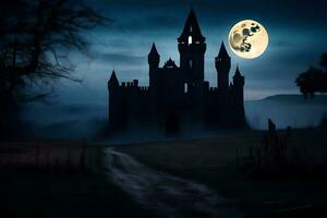 a castle in the dark with a full moon. AI-Generated photo