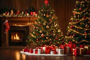 christmas tree and presents in front of fireplace. AI-Generated photo