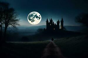 a castle in the dark with a full moon. AI-Generated photo