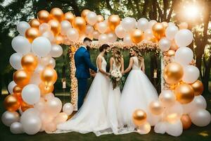 wedding couple in front of a gold and white balloon arch. AI-Generated photo