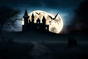 halloween castle with bats flying over it at night. AI-Generated photo