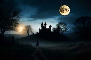 a castle in the dark with a full moon. AI-Generated photo