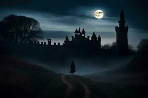 a woman walks down a path in front of a castle at night. AI-Generated photo