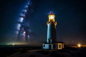 un faro es iluminado arriba por el lechoso. generado por ai foto