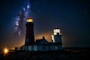 two lighthouse lights are lit up under a starry sky. AI-Generated photo