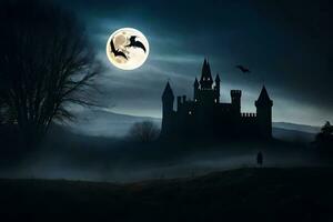 a castle in the fog with bats flying over it. AI-Generated photo