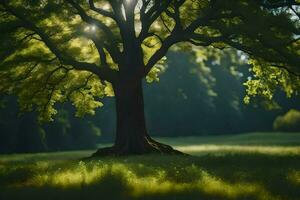 un grande árbol en el medio de un campo. generado por ai foto