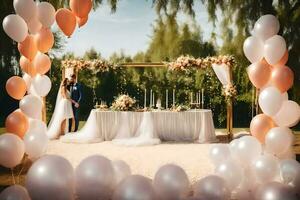 wedding couple standing under a table with balloons. AI-Generated photo