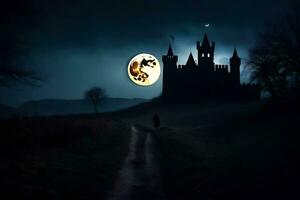 a man walks down a path in front of a castle with a full moon. AI-Generated photo