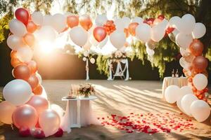 a wedding arch with white and pink balloons. AI-Generated photo