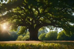 el Dom brilla mediante el hojas de un roble árbol. generado por ai foto