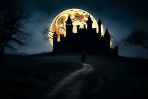 a castle in the dark with a full moon. AI-Generated photo