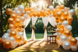 a wedding arch made of gold and white balloons. AI-Generated photo