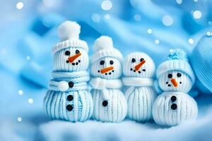 snowmen in knitted hats and scarves. AI-Generated photo