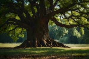 un antiguo roble árbol en el medio de un campo. generado por ai foto