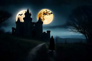 a man in a black cloak walks through a dark forest with a castle in the background. AI-Generated photo