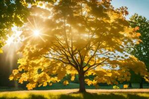 el Dom brilla mediante el hojas de un árbol en el otoño. generado por ai foto