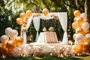 a wedding ceremony with gold balloons and white flowers. AI-Generated photo