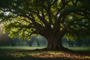 a large tree in the middle of a field. AI-Generated photo