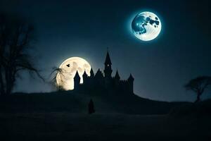 a castle in the night with a full moon. AI-Generated photo