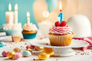 a cupcake with a candle on top and a birthday cake. AI-Generated photo