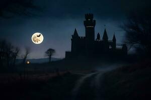 a castle in the dark with a full moon. AI-Generated photo