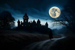 a castle in the dark with a full moon. AI-Generated photo