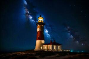 a lighthouse is lit up by the milky. AI-Generated photo