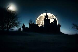 Víspera de Todos los Santos castillo con murciélagos volador terminado eso a noche. generado por ai foto