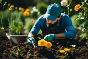 a man is working in the garden with flowers. AI-Generated photo