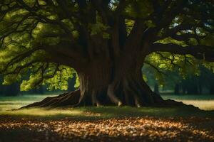 un antiguo roble árbol en el medio de un campo. generado por ai foto