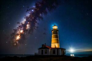 un faro con el lechoso en el cielo. generado por ai foto