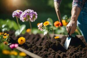 a person is digging in the soil with a garden fork. AI-Generated photo