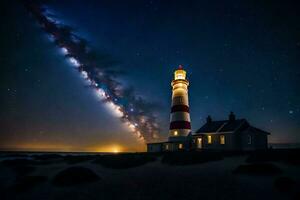 a lighthouse with a long streak of light in the sky. AI-Generated photo