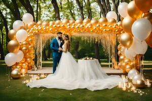 a bride and groom standing under a golden arch with balloons. AI-Generated photo