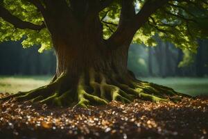 un grande árbol con raíces en el suelo. generado por ai foto