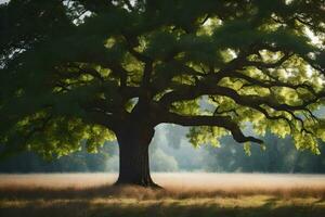 un roble árbol en un campo con niebla. generado por ai foto